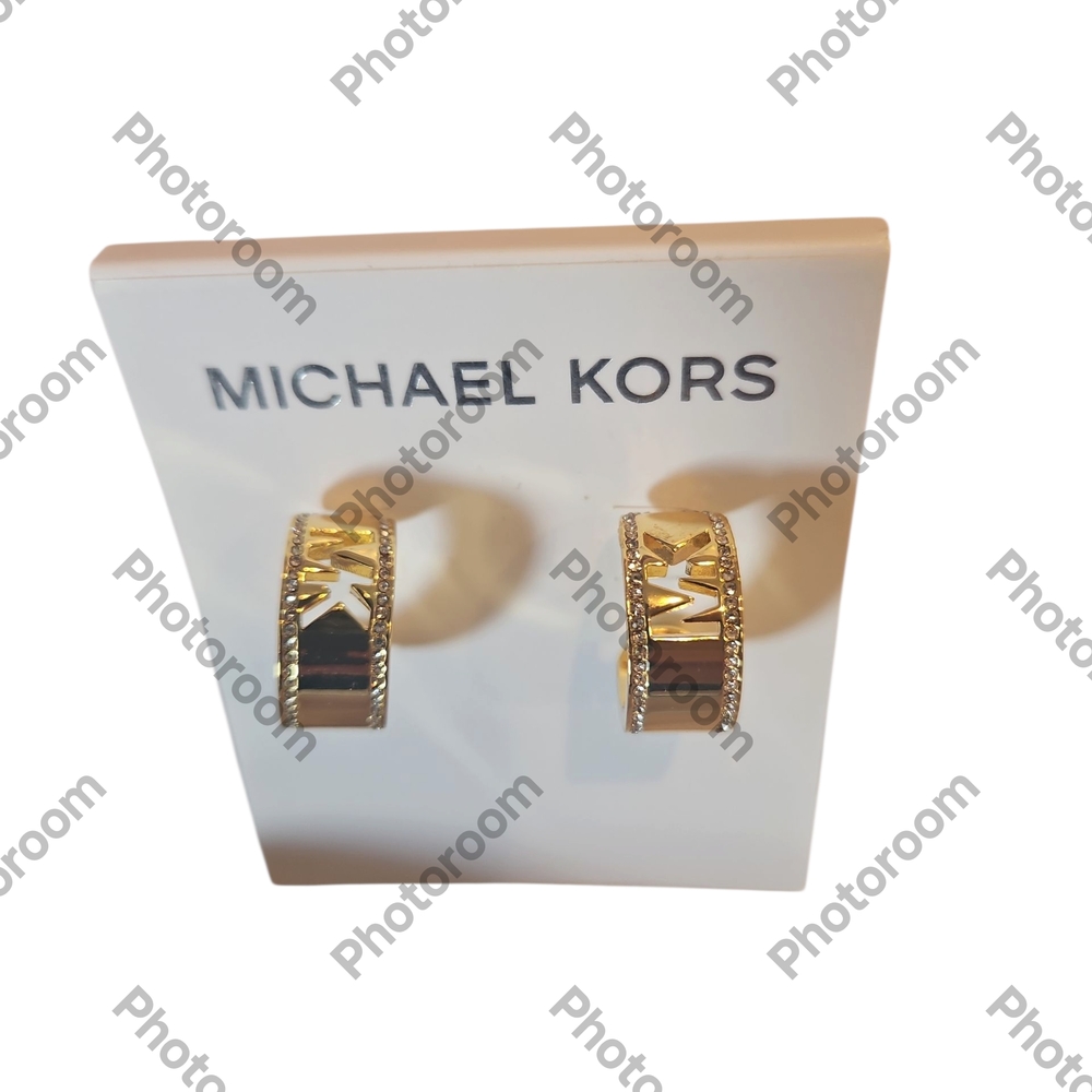 Michael Kors Woman C Hoop Plated Gold Yellow Cyrstal Pave Cutout Logo Earrings